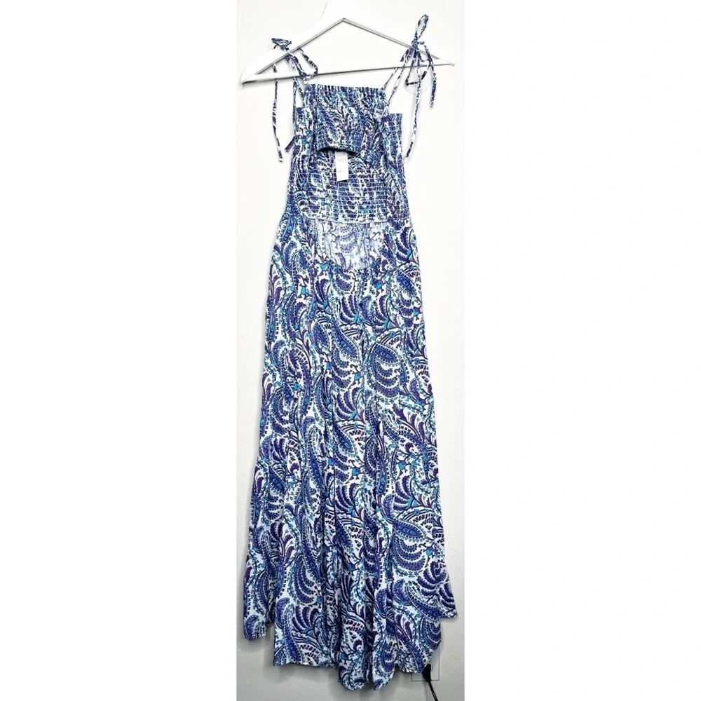 NWT J. Crew Smocked Linen Blend Bandeau Beach Maxi Dress in Purple Paisley Sz XL